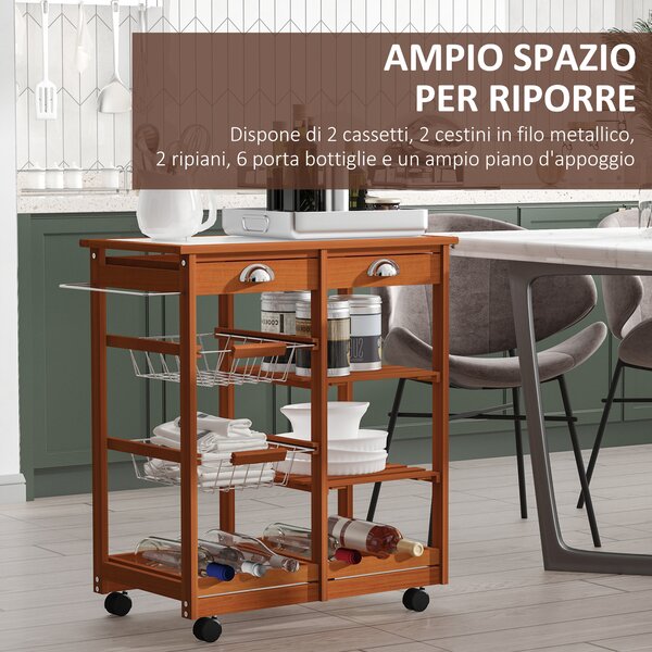 HOMCOM Carrello da Cucina Multiuso in Legno di Pino 74x37x75cm Pratico e Versatile per Piccole Cucine in Stile Moderno Color Marrone Chiaro|Aosom