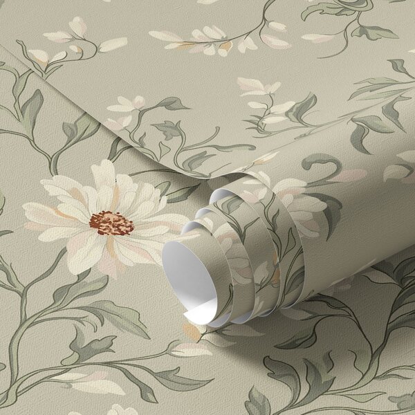 Carta da parati Fiori bianchi con foglie mosse su sfondo chiaro, Parati classici in stile inglese, a00001v1 : Uwalls.it