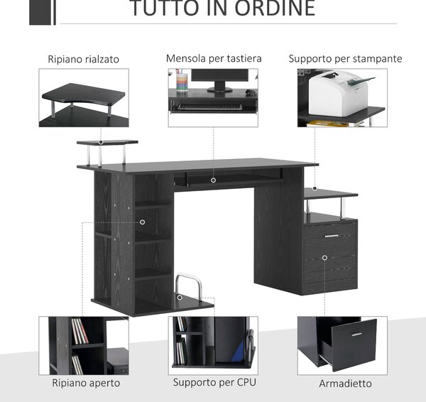 HOMCOM Scrivania PC Moderna con Cassetti, Ripiani e Tastiera Estraibile, per Casa o Ufficio in Legno Nero 152x60x88cm|Aosom