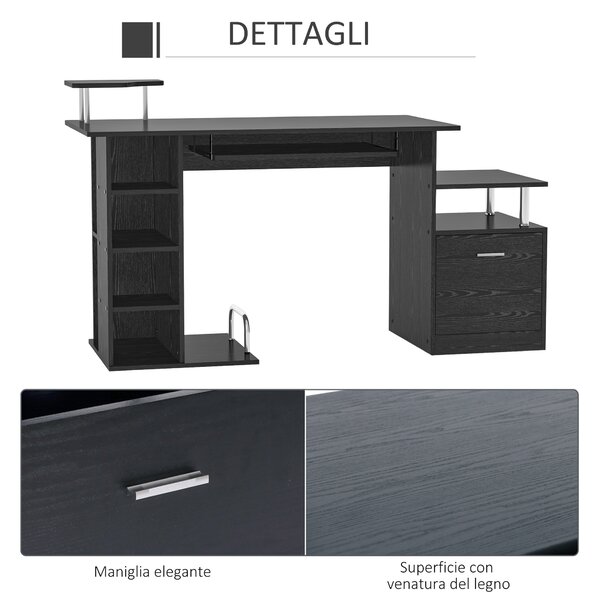 HOMCOM Scrivania PC Moderna con Cassetti, Ripiani e Tastiera Estraibile, per Casa o Ufficio in Legno Nero 152x60x88cm|Aosom