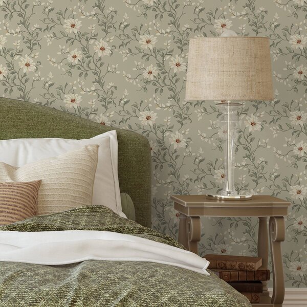 Carta da parati Fiori bianchi con foglie mosse su sfondo chiaro, Parati classici in stile inglese, a00001v1 : Uwalls.it