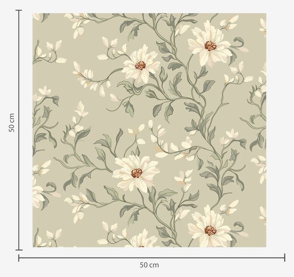 Carta da parati Fiori bianchi con foglie mosse su sfondo chiaro, Parati classici in stile inglese, a00001v1 : Uwalls.it