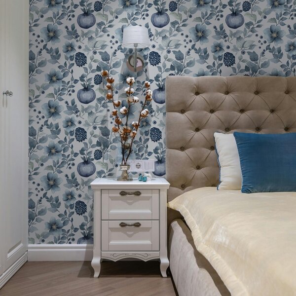 Carta da parati Fiori blu e melograni, Parati classici in stile francese, a00002v1 : Uwalls.it