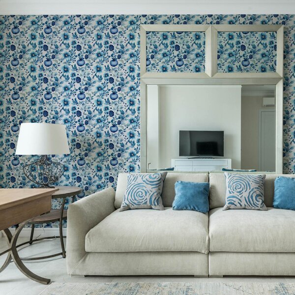Carta da parati Fiori blu e melograni, Parati classici acquerello, a00002 : Uwalls.it