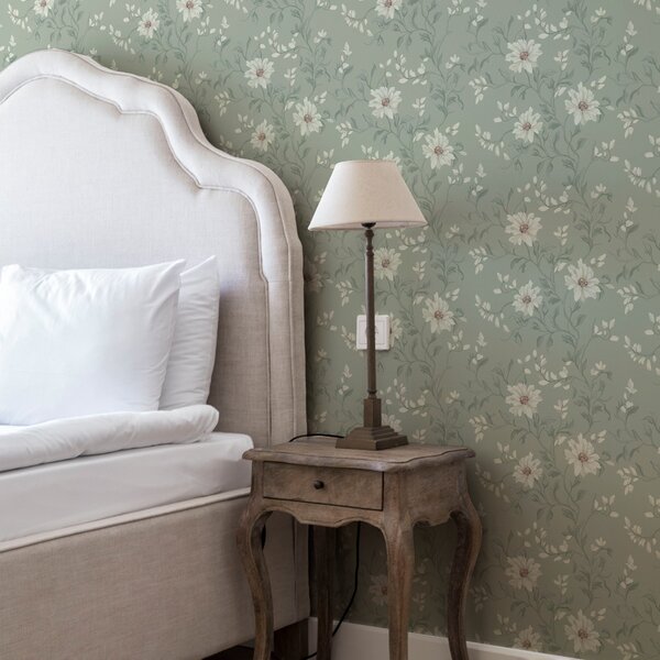 Carta da parati Fiori bianchi con foglie ondeggianti, Parati classici Rustica, a00001 : Uwalls.it