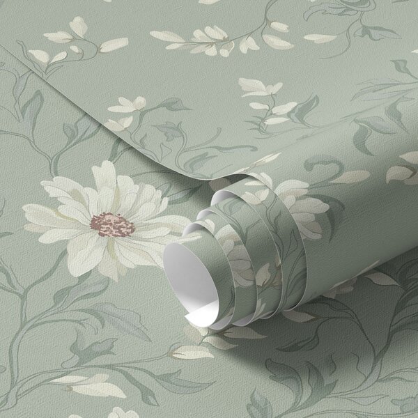 Carta da parati Fiori bianchi con foglie ondeggianti, Parati classici Rustica, a00001 : Uwalls.it