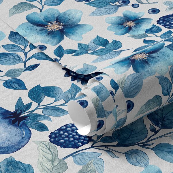 Carta da parati Fiori blu e melograni, Parati classici acquerello, a00002 : Uwalls.it