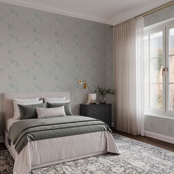 Carta da parati Fiori con foglie chiare su sfondo blu, Parati classici in stile inglese, a00006v2 : Uwalls.it