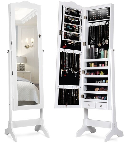 Costway Armadio portagioie con 14 luci LED, Armadio per gioielli con specchio a figura intera, Bianco