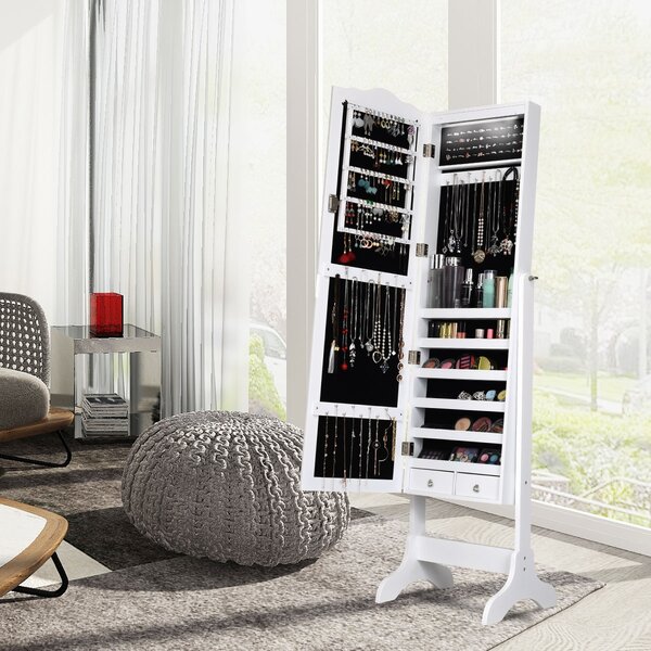 Costway Armadio portagioie con 14 luci LED, Armadio per gioielli con specchio a figura intera, Bianco