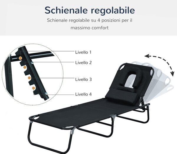 Outsunny Sdraio da Mare Pieghevole Reclinabile su 4 Livelli con Foro per Lettura, Sedia Sdraio Pieghevole, Sedia Sdraio da Giardino, Nero | Aosom Italy