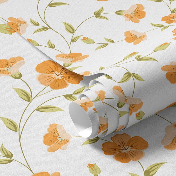 Carta da parati Fiori arancioni su sfondo bianco, Parati classici in stile inglese, a00015 : Uwalls.it
