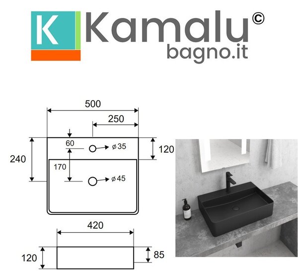 Lavabo da appoggio 50cm colore nero mat Litos-CNM500 - KAMALU