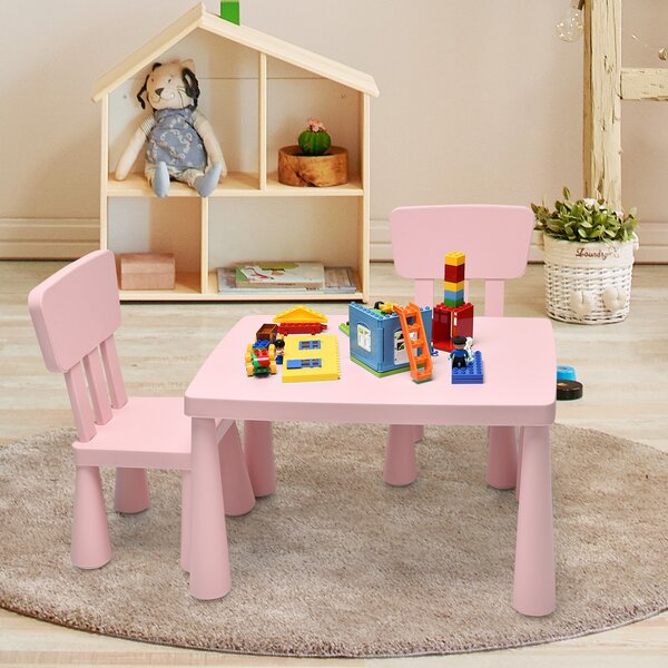 Costway Set con tavolo e 2 sedie per bambini, Set con tavolo e 2 sedie per mangiare disegnare scrivere e fare lavoretti Rosa