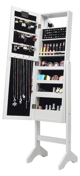 Costway Armadio portagioie con 18 luci LED, Organizer per tutti i tipi di gioielli con specchio a figura intera, Bianco