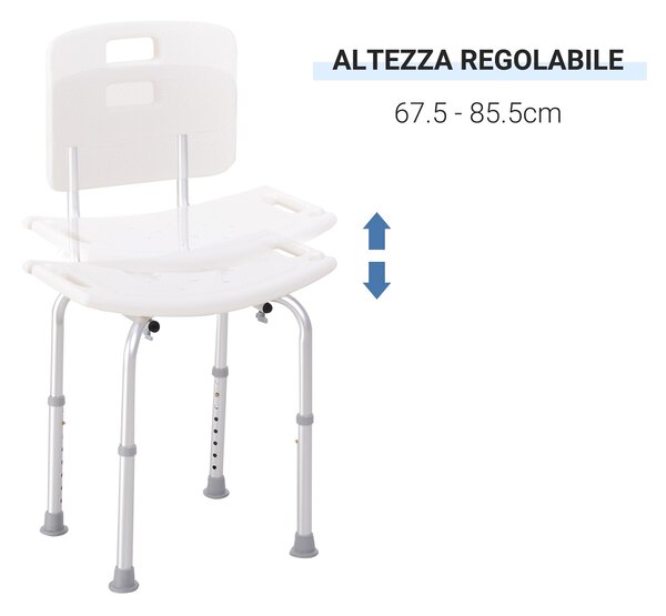 HOMCOM Sedile da doccia con schienale Ausilio da vasca, Sedia Doccia Altezza Regolabile 8 Posizioni Antiscivolo|Aosom