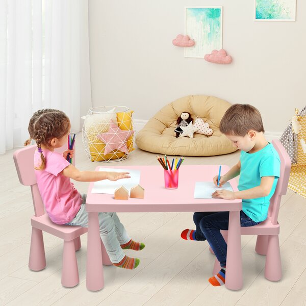 Costway Set con tavolo e 2 sedie per bambini, Set con tavolo e 2 sedie per mangiare disegnare scrivere e fare lavoretti Rosa