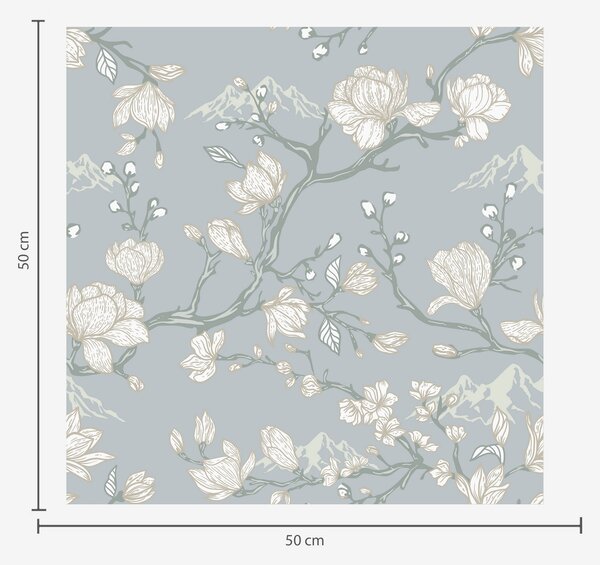 Carta da parati Fiori bianchi su rami e montagne su uno sfondo blu, Parati classici in stile shabby chic, a00021 : Uwalls.it