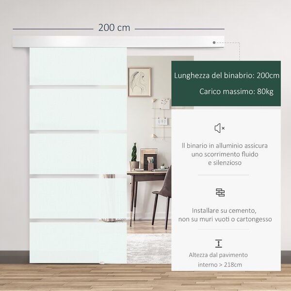 HomCom Porta Scorrevole in Vetro Temperato Smerigliato Porte per Interni con Binario e Maniglia, Porte Interno Vetro Entrata a Scorrimento|Aosom