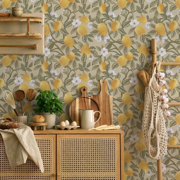 Carta da parati Fiori e limoni gialli, Parati classici in stile francese, a00023 : Uwalls.it