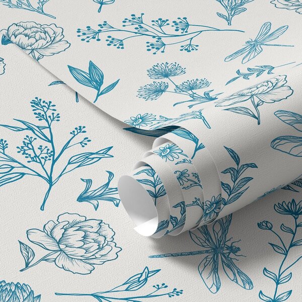 Carta da parati Fiori blu, foglie e libellule su sfondo bianco, Parati classici Rustica, a00025 : Uwalls.it
