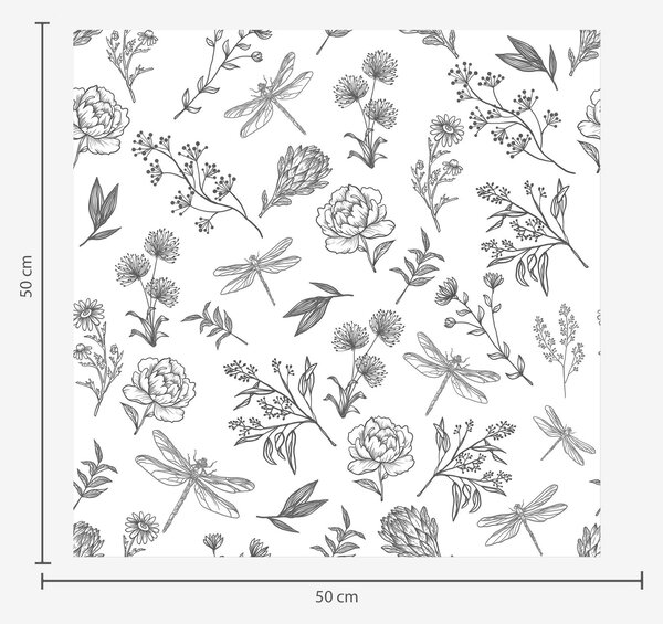 Carta da parati Fiori, foglie e libellule su sfondo bianco, Parati classici Rustica, a00025v1 : Uwalls.it