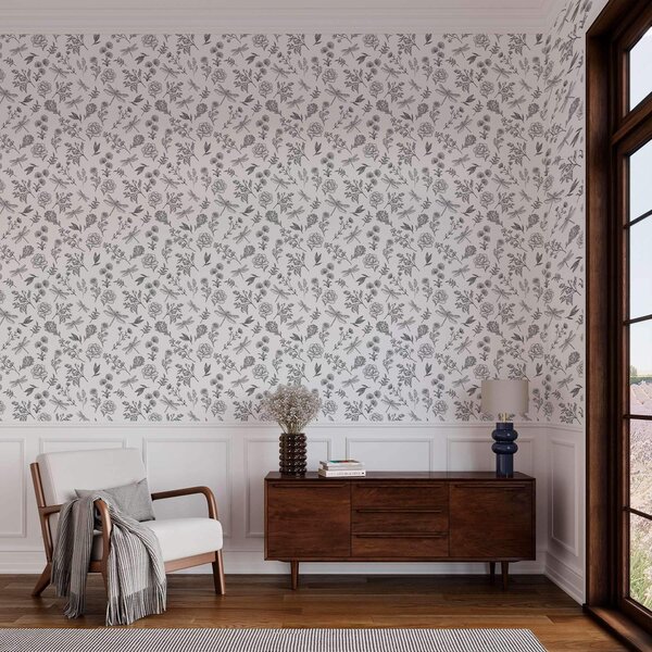 Carta da parati Fiori, foglie e libellule su sfondo bianco, Parati classici Rustica, a00025v1 : Uwalls.it