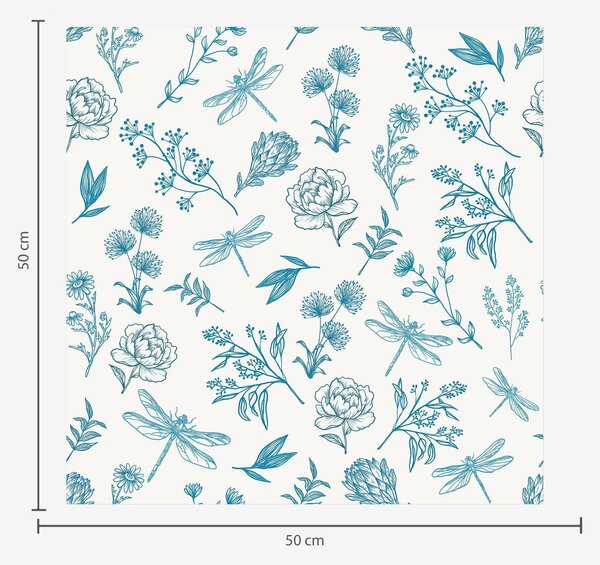 Carta da parati Fiori blu, foglie e libellule su sfondo bianco, Parati classici Rustica, a00025 : Uwalls.it