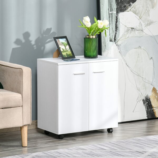 HOMCOM Mobile TV Moderno Multiuso in Legno con 4 Ruote e Freni, 2 Ante con 2 Ripiani, per Soggiorno e Ufficio, 60x35x65 cm, Bianco | Aosom Italy