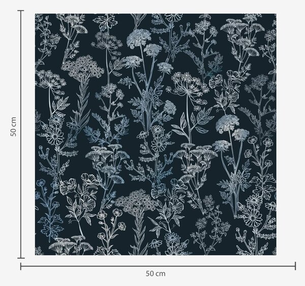 Carta da parati Piante bianche e blu su sfondo scuro, Parati fiori e piante classici, a00029 : Uwalls.it