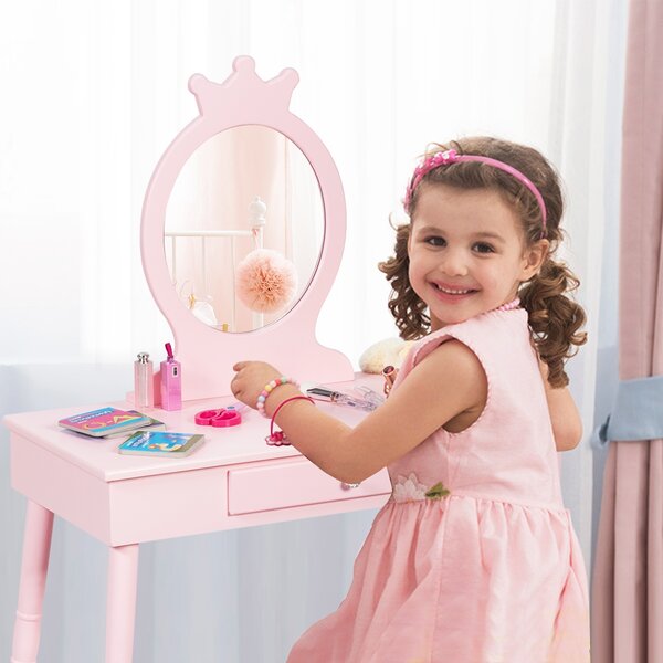 Costway Toeletta con specchio per bambini, Set tavolo e sedia toeletta con cassetti e sgabello imbottito Rosa