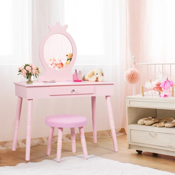 Costway Toeletta con specchio per bambini, Set tavolo e sedia toeletta con cassetti e sgabello imbottito Rosa