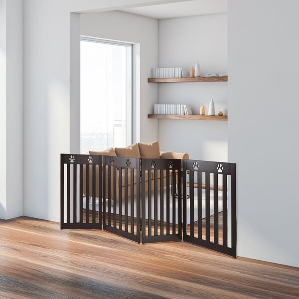 Costway Cancello di legno per animali domestici, Cancello pieghevole con cerniere flessibili a 360° e 4 pannelli, Caffè
