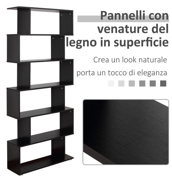 HomCom Libreria di Design in Legno Scaffale a Ripiani e Divisore d'Interni Decorativo Autoportante a 6 Livelli Nero