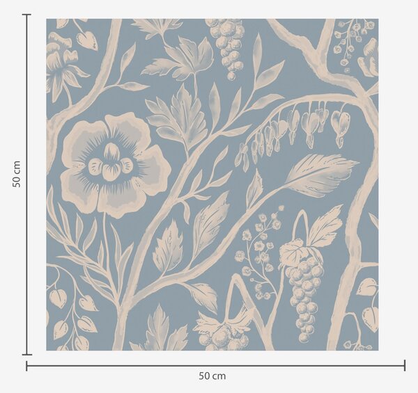 Carta da parati Fiori bianchi, steli e uva su sfondo blu, Parati classici Rustica, a00044 : Uwalls.it