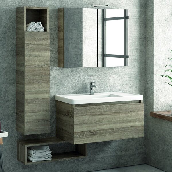 Kamalu composizione bagno sospesa 80cm composta da mobile colonna specchio e pensile