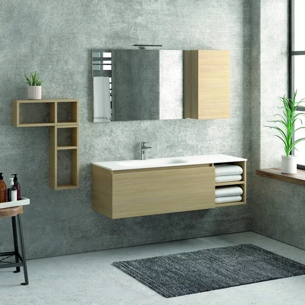 Composizione bagno 135cm composta da mobile e lavabo, specchio e due pensili - KAMALU