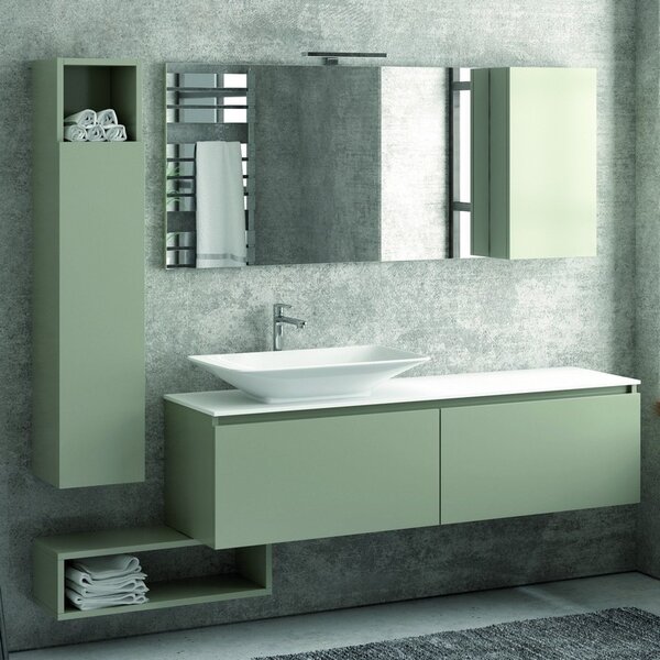 Kamalu composizione bagno 155cm sospesa, composta da mobile, specchio, colonna e pensile sp-155a