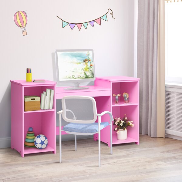 Costway Toeletta design smontabile 2 in 1 per bambini, Toeletta make-up principessa con 4 mensole grandi e specchio Rosa
