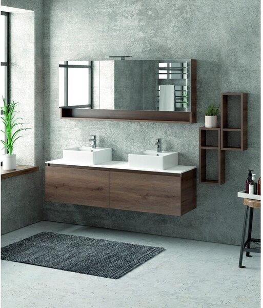 Kamalu composizione bagno sospesa 155cm , composta da mobile, specchio contenitore e due pensili sp-155c