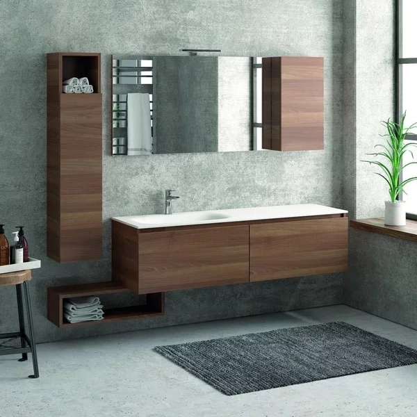Composizione bagno 155cm sospesa, composta da mobile con lavabo, specchio, colonna e pensile SP-155E - KAMALU