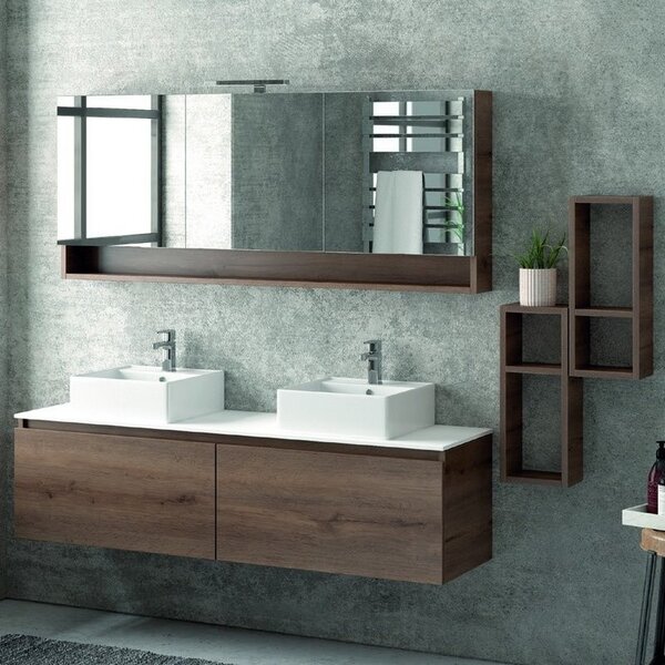 Kamalu composizione bagno sospesa 155cm , composta da mobile, specchio contenitore e due pensili sp-155c
