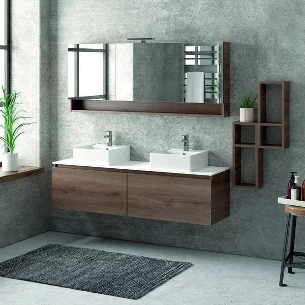 Composizione bagno sospesa 155cm , composta da mobile, specchio contenitore e due pensili SP-155C - KAMALU