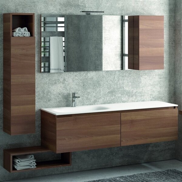 Kamalu composizione bagno 155cm sospesa, composta da mobile con lavabo, specchio, colonna e pensile sp-155e