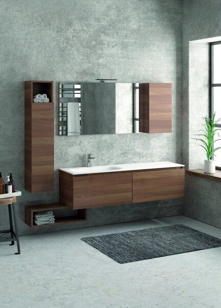 Kamalu composizione bagno 155cm sospesa, composta da mobile con lavabo, specchio, colonna e pensile sp-155e