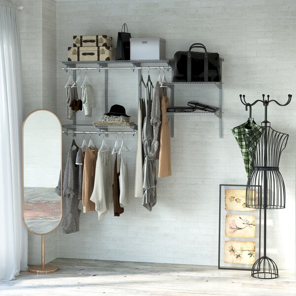 Costway Kit organizer di metallo con mensole a rete e bastoni per vestiti, Appendiabiti al muro da 91,5 a 183cm Grigio