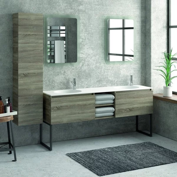 Composizione bagno 175cm, composta da mobile con lavabo doppio, due specchi led e colonna SP-175C - KAMALU