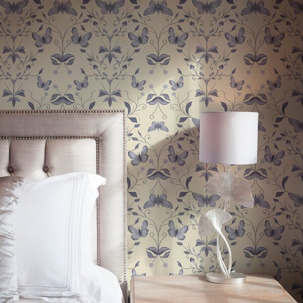 Carta da parati Farfalle e foglie blu, Parati classici in stile francese, a00070 : Uwalls.it