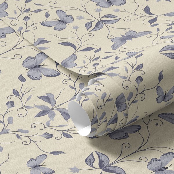 Carta da parati Farfalle e foglie blu, Parati classici in stile francese, a00070 : Uwalls.it