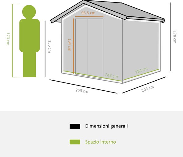 Outsunny Capanno da Giardino Con 2 prese d'aria e Porte Scorrevoli, Casetta porta attrezzi in Acciaio, 258x206x178cm, Verde | Aosom Italy